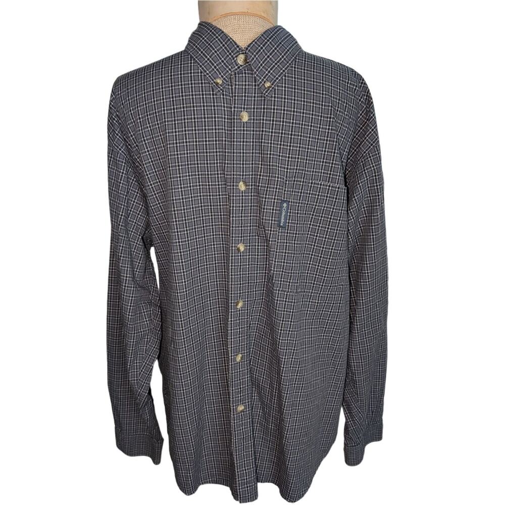 Men's Columbia Button Down 100% Cotton Long Sleeve Plaid Shirt Blue Gray Size L